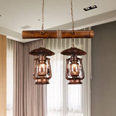 Vintage Industrial 2-Light Island Pendant in Red Brown - Kerosene Metallic Chandelier Lighting - This product is a 2-light island pendant industrial kerosene metallic chandelier lighting in red brown. It is made of metal and has a industrial style